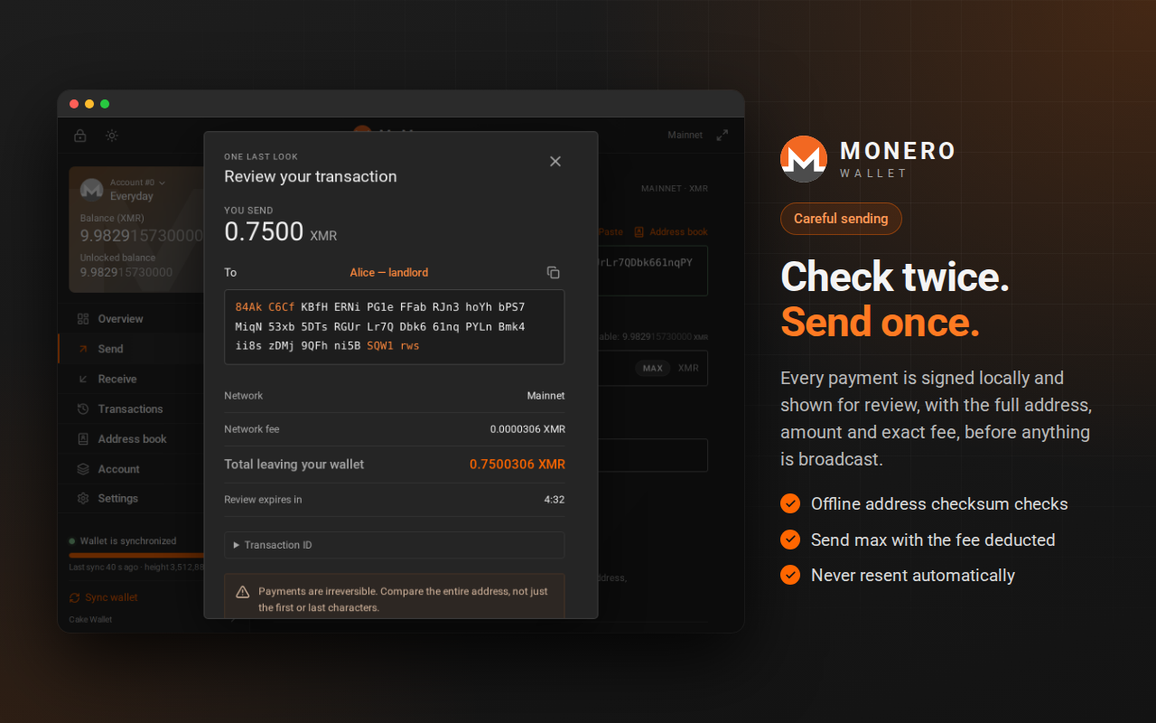 Monero Wallet extension overview with accounts and XMR balance