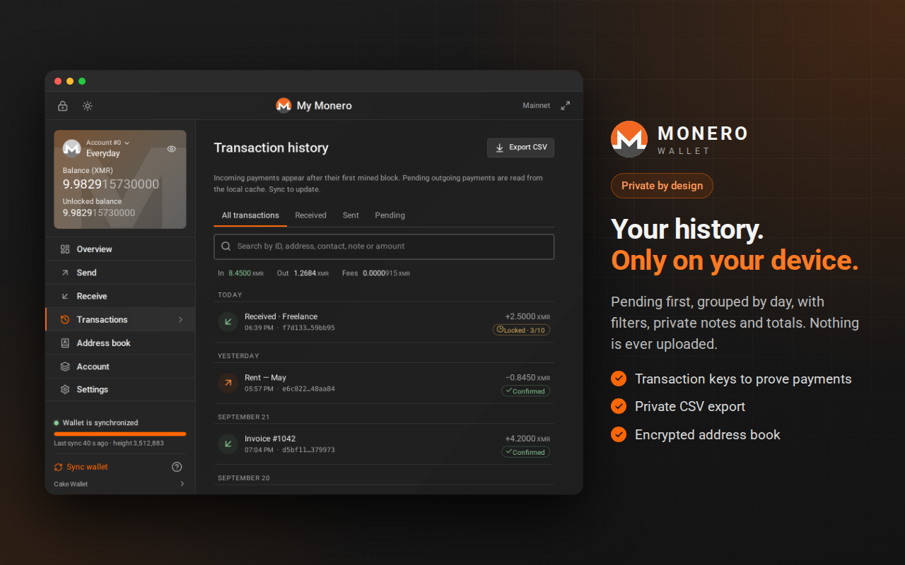 Monero Wallet extension receive screen with address and QR code